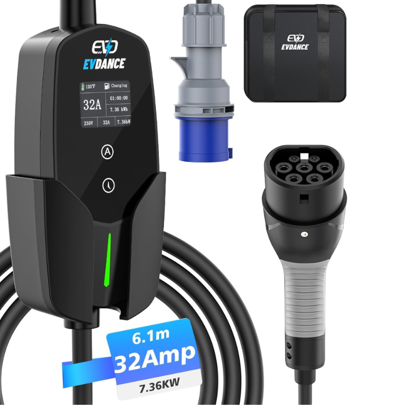 Portable Ev Charger 32A Type 2 Cee Plug - EVDANCE OLED 디스플레이 전기 자동차 충전기,